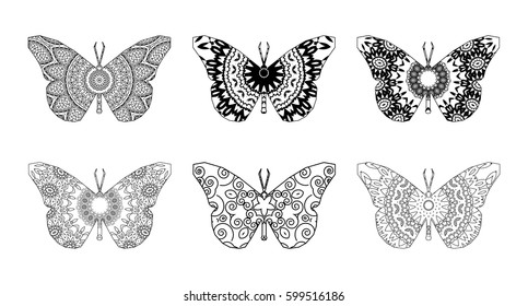 Set. Silhouette of butterflies with circular ornament.  Floral mandala art.