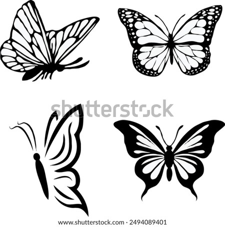 Set of Silhouette Butterflies Isolated. insects butterfly outline, tattoo, coloring, vector set