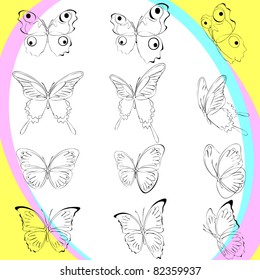 set silhouette butterflies, various types, and options   location. background