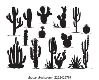 Set of silhouette cactus. Collection of wild succulents flower in dessert. Gardening plants. Floral exotic decor. Vector illustration on white background. 