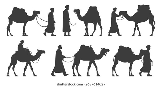 Set silhouette of camel with handler walking and riding poses in desert travel isolated on transparent background