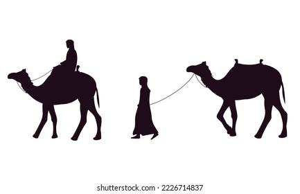 Set of silhouette camel. Man on camel, man next to camel. Vector illustration.