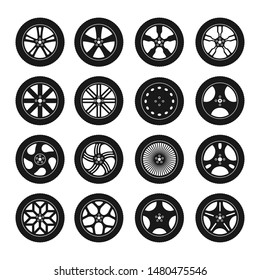 Set with silhouette car tire and wheel icons isolated