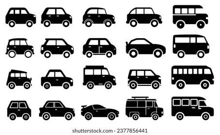 Set of silhouette car type, side view, variants of automobile, black vector illustration isolated on white background