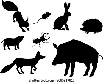 Set of silhouette of cartoon animals living in grove and park isolated on white background