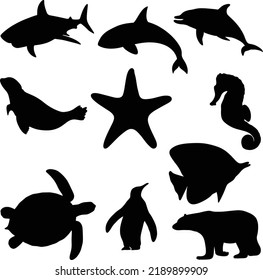 set of silhouette cartoon isolated ocean animals. Whale, dolphin, shark, fish star.