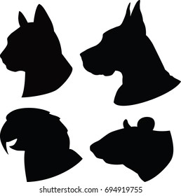 Set Of Silhouette Cat, Dog,rat,parrot Heads 