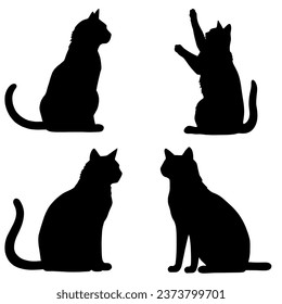 A set of silhouette cat in various acting isolated on white background.