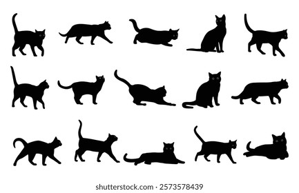 Set of silhouette cats in different poses. Isolated black cat on white background. Vector illustration of elements for design decoration.