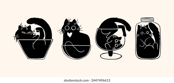 Set of silhouette cats in various glass forms. Vector illustration.