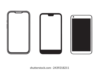 Conjunto de teléfonos celulares de silueta con pantalla vacía. vista frontal aislada de varios teléfonos inteligentes vacíos, ilustración vectorial.