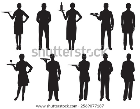 set of silhouette of chef and waitress and waiter. 