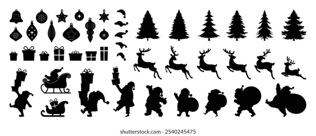 Set of silhouette Christmas element vector. Decorative elements of tree, bauble, santa, reindeer, gift, sleigh, snowflake. Design for sticker, holidays, Happy New year, season's greetings card.