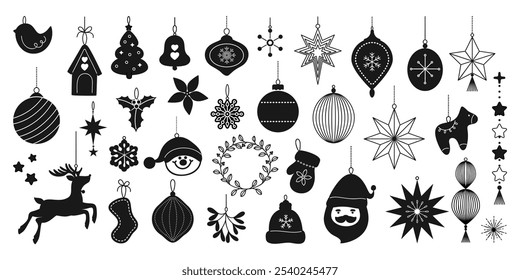 Set of silhouette Christmas element vector. Decorative elements of tree, bauble, santa, reindeer, house, holly, snowflake. Design for sticker, holidays, Happy New year, season's greetings card.