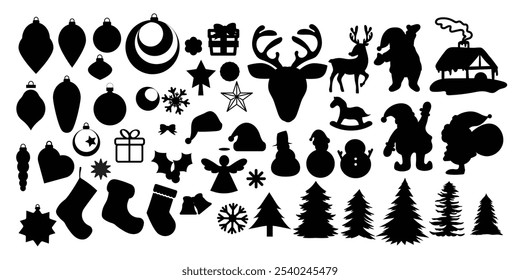 Set of silhouette Christmas element vector. Decorative elements of tree, bauble, santa, reindeer, house, snowflake, angel. Design for sticker, holidays, Happy New year, season's greetings card.