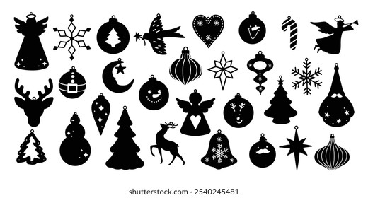 Set of silhouette Christmas element vector. Decorative elements of tree, bauble, santa, reindeer, candy cane, snowflake, angel. Design for sticker, holidays, Happy New year, season's greetings card.