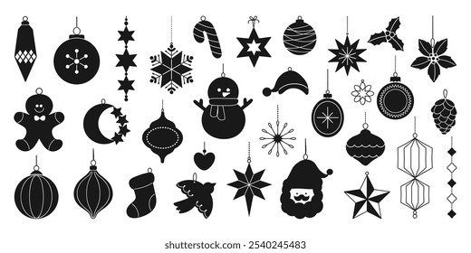 Set of silhouette Christmas element vector. Decorative elements of tree, bauble, santa, snowman, holly, bird, snowflake. Design for sticker, holidays, Happy New year, season's greetings card.