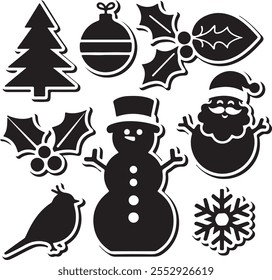 Set of silhouette Christmas element vector. Decorative elements of tree, bauble, santa, snowman, holly, bird, snowflake. Design for sticker,