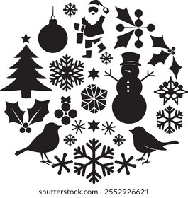 Set of silhouette Christmas element vector. Decorative elements of tree, bauble, santa, snowman, holly, bird, snowflake. Design for sticker,