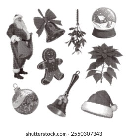 Set of silhouette Christmas holiday elements in monochrome halftone or stippling style. Santa Claus, xmas tree ball, hat, poinsettia, gingerman. Retro graphics with photocopy grunge effects. Vector