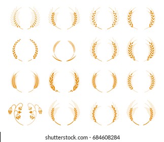 Set of silhouette circular laurel foliate and wheat wreaths. Cereals icon set with rice, wheat, corn, oats, rye, barley. 