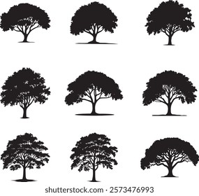 set of silhouette clipart of a large oak tree, Tree element to create a group of plants.