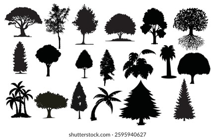 set of silhouette clipart of a large oak tree, Big collection of tree silhouettes isolated