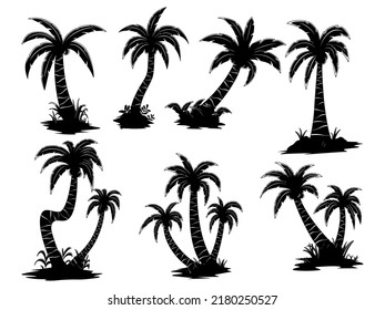Conjunto de cocoteros de silueta con fondo blanco. elemento vector gráfico.