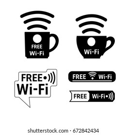 set of silhouette coffee cup with WiFi symbol.