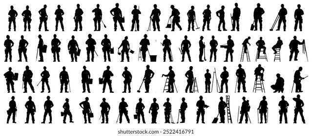 Set of silhouette of construction worker. isolated on white background.