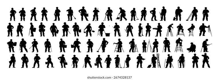 Set of silhouette of construction worker. isolated on white background.