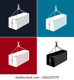 Set of Silhouette Container with Crane Isolated on Colorful Background, Container Hanging on Crane Hook, Vector Illustration