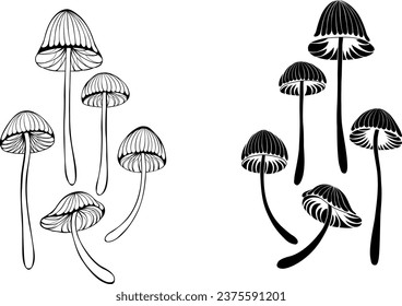 Satz von Silhouette und Kontur, künstlerisch gezeichnet, halluzinogene Pilze Psilobe Kubensis auf weißem Hintergrund. Pilze-Toilettenhocker.