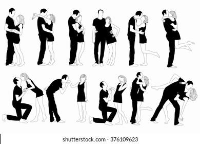 Set of silhouette couple man and woman in love black on white background. 