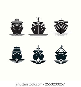 A set of Silhouette Cruise Ships icons. Ocean Vessel Pictogram. Symbols Collection Of Cargo Ship, Cargo Marine Transport