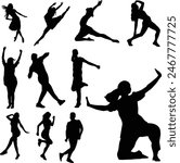 Set of Silhouette of dancing people illustration isolated on white. Friends having fun doing activity