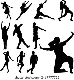 Set of Silhouette of dancing people illustration isolated on white. Friends having fun doing activity