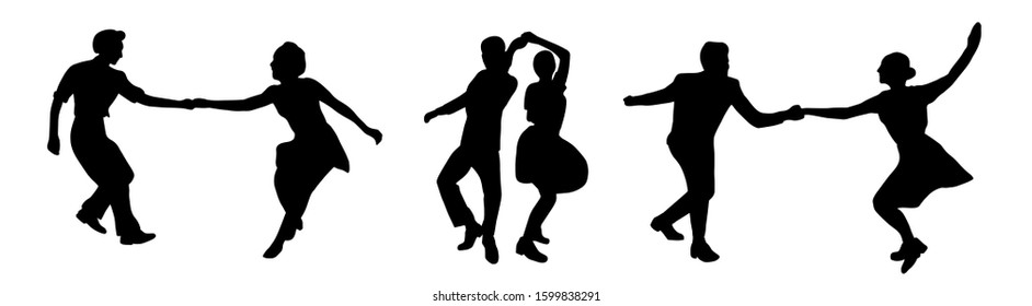 Set silhouette dancing people in a retro swing isolated. People in 40s or 50s style dancing rockabilly,charleston, jazz,lindy hop or boogie woogie. Vector human illustration in black and white colors.