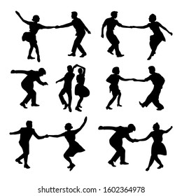 Set silhouette dancing people in a retro swing isolated. People in 40s or 50s style dancing rockabilly,charleston, jazz,lindy hop or boogie woogie. Vector human illustration in black and white colors.