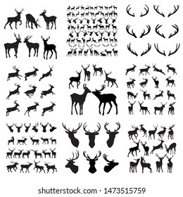 Set of silhouette deer isolated on white. Vector illustration.