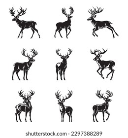 set of silhouette deer isolated on white background
