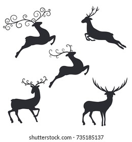 Set of silhouette deer on white background. Christmas vector design.