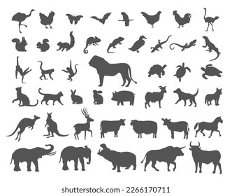 set of silhouette designs of various animals. large collection of animal elements. vector illustration