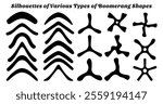 Set of silhouette designs of various types of boomerang shapes