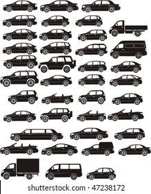 set silhouette different types of the cars