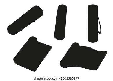 Set of silhouette different yoga mats, for the gym. Sport equipment.