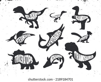 Set of silhouette of dinosaurs with lettering. 