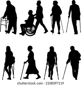 Set silhouette of disabled people on a white background.