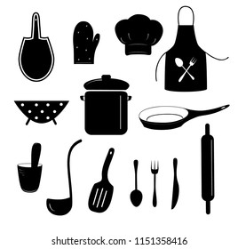Set. Silhouette of dishes. Items for the kitchen. Isolated, white. Vector