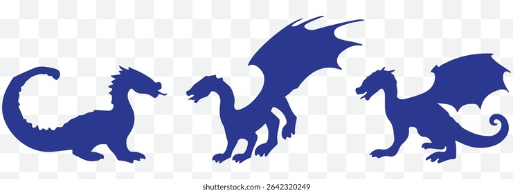 A set of silhouette dragon illustrations in various poses, set of silhouettes of dragons various dragon silhouettes.  eps 10